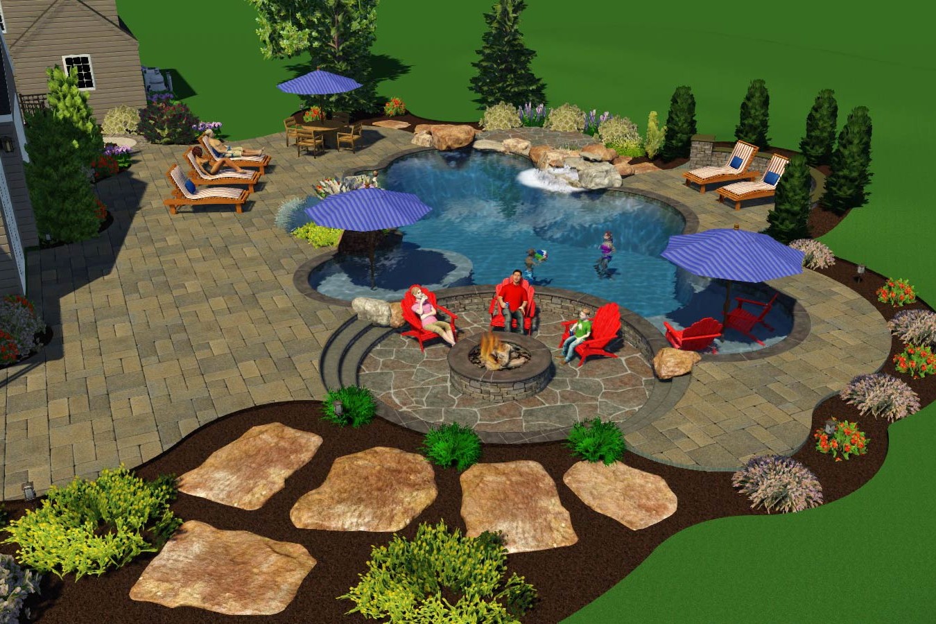 CAD render of fire pit and pool