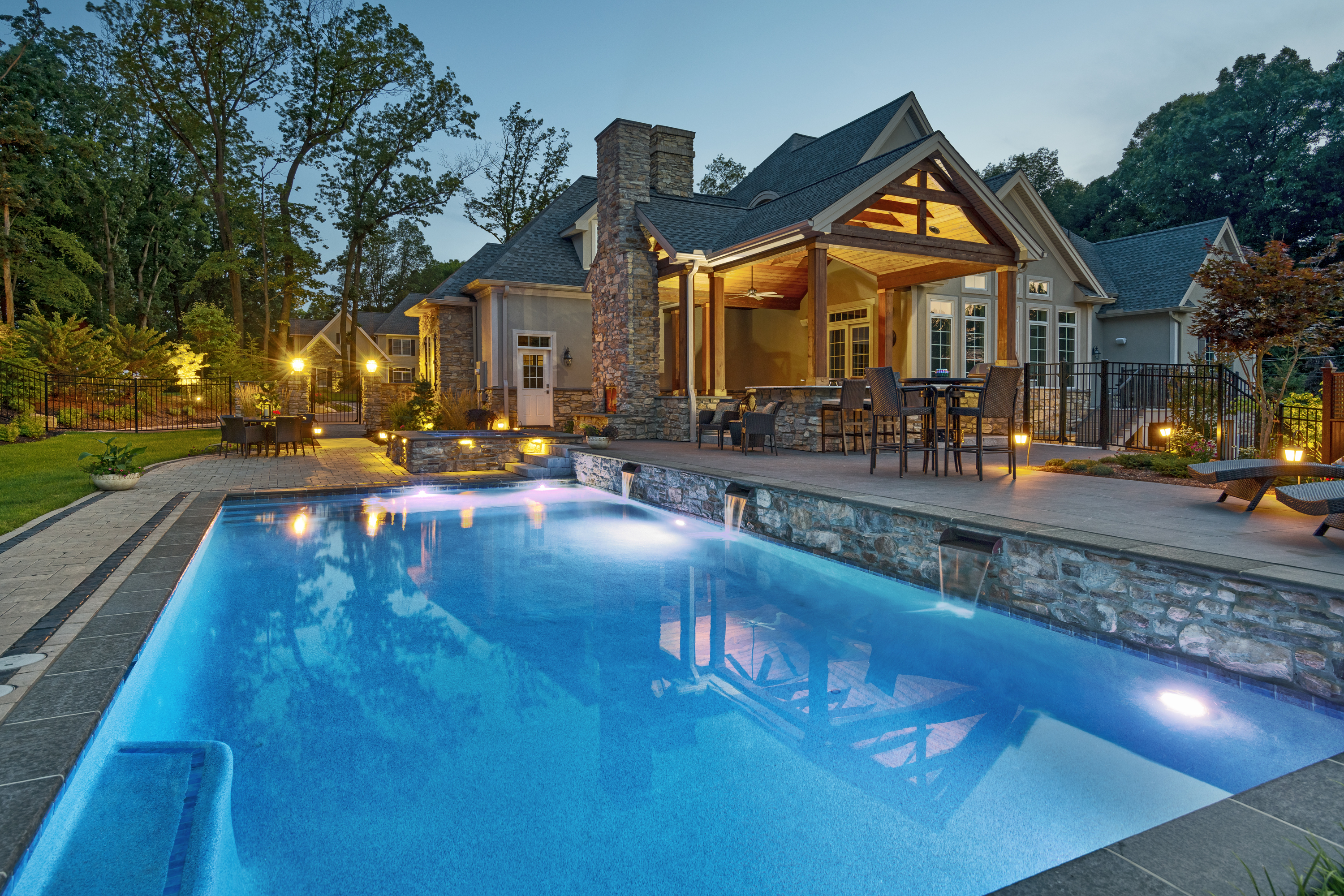 Luxury backyard pool at dusk